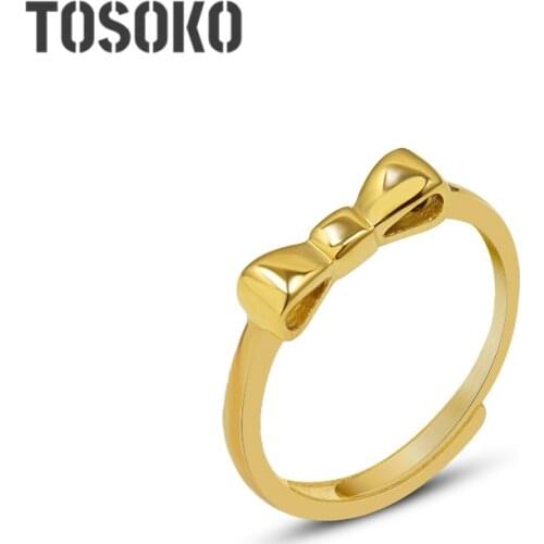 TOSOKO Stainless Steel Jewelry Simple Bow Opening Ring Womens Fashion Color Retaining Tail Ring BSA200