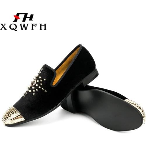 Fashion Gold Toe and Gold Handmade Men Rivets Velvet Shoes Classics Mans Leather Casual Shoes Party Wedding Men Loafers