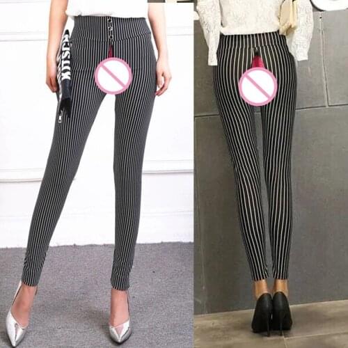 Outdoor Sex Pants For Women Open Croch Sexy Fashion Stripe Zipper Black White Skinny Trousers Women Pencil Pants Clothes Female