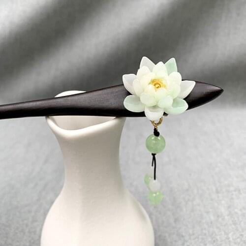 Retro Chinese Ethnic Lotus Flower Ebony Wooden Hair Stick Costume Tassel Hairpins Antique Hair Stick Wedding Hair Accessories