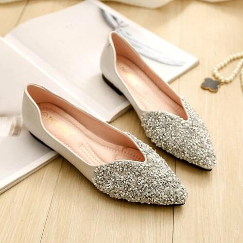 New The Pointed Scoop Shoes Single Female Summer 2019 Flat Fairy Sequin Bridesmaid Shoes Large Size Womens Shoes 41-43