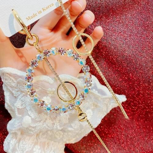 MENGJIQIAO Korean Elegant Asymmetric Circle Crystal Drop Earrings For Women Girls Long Rhinestone Tassel Jewelry Gifts