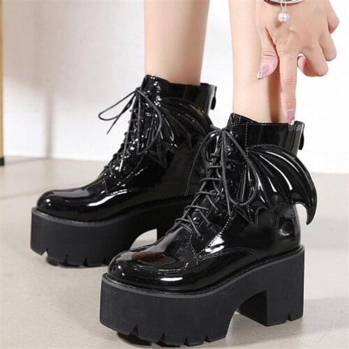 Gothic Punk Style Women Angel Wing Ankle Boots Patent Leather Female Platform Boots High Heels Motorcycle Boots Big Size 42