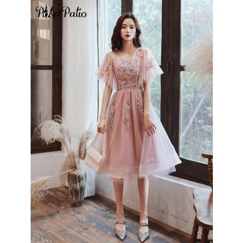 Pink Homecoming Dresses 2020 Elegant O-neck Appliques Tea-length Women Birthday Dresses Plus size Prom Gonws For Graduation