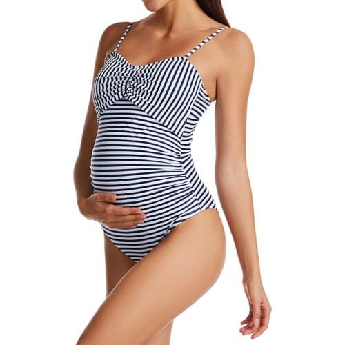 Women Pregnant Jumpsuit Swinwear One-Piece Swimsuit Maternity Summer Maternity Striped Rompers Beachwear Bikini Suit Bathing
