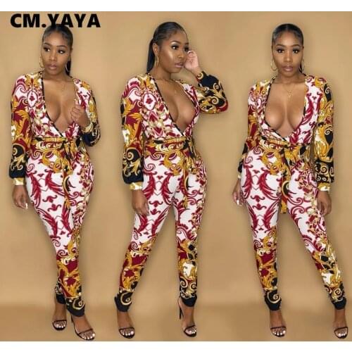 CM.YAYA Paisley Print Vintage with Sashes Deep V-neck Jumpsuit Women Sexy Club One Piece Overall Romper 2021 Spring winter
