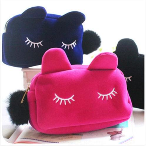 Women Fashion Makeup Organizer Cartoon Cat Storage Case Travel Makeup Flannel Cosmetic Bag Storage Bags