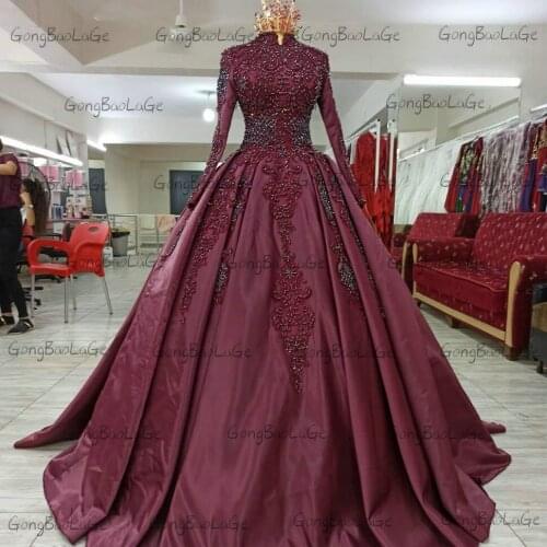 Luxury Beaded Evening Dress Long Sleeves 2021 Robe De Soiree Lace Up Satin Ball Gown Women Dresses High Neck Vestido De Festa