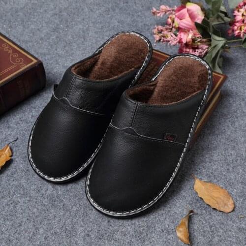 Winter Cotton Leather Slippers for Women/Men Home Couple Slippers Female Indoor Non-slip TPR Bottom Sandals