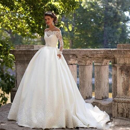 2020 Hot Sale Bridal Dresses Vestido Novia Off The Shoulder Ball Gown Wedding Dress Full Sleeves Vintage Plus Size Lace Bridal D