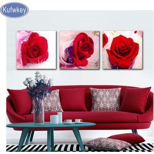 Full Diamond Embroidery red rose,Diamond Painting still life,Cross Stitch kits,3D,Diamond Mosaic,room Decoration 3pcs