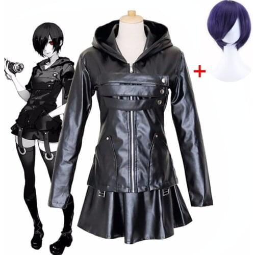 Anime Tokyo Ghoul Touka Kirishima Cosplay Costume Full Set Uniform PU Leather Black Dress Hoodie Women Halloween Party Costume