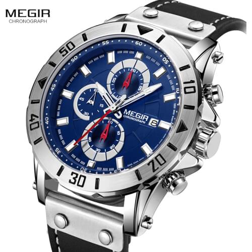 Megir Mens Watches 2018 Top Brand Luxury Chronograph Leather Sports Military Wrist Watch Man Relogios Masculino Relojes 2081Blue