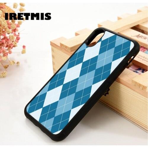 Iretmis 5 5S SE 6 6S TPU Silicone Rubber Phone Case Cover for iPhone 7 8 Plus X Xs 11 12 MINI Pro Max XR Blue Argyle Pattern