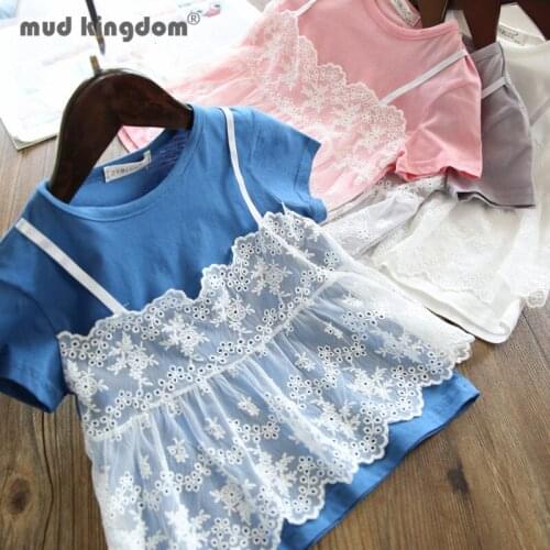 Mudkingdom Girls T-shirt Summer Lace Cotton Sling Crew Neck Shorts Tops for Kids Fashion Drop Shoulder Children Clothing