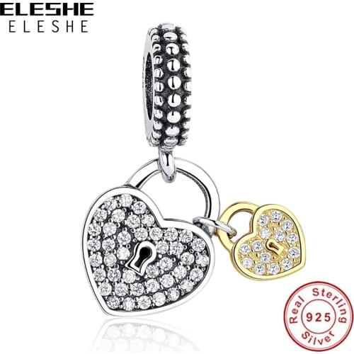 ELESHE Wholesale 100% 925 Sterling Silver Crystal CZ Heart Dangle Charm Fit Original Charm Bracelets DIY Jewelry Making