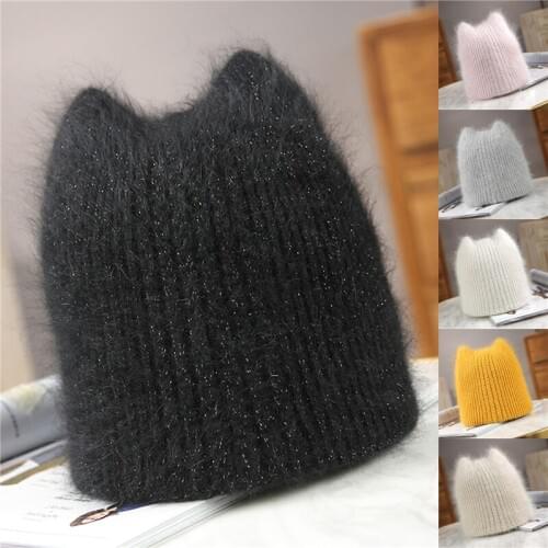 Fashion Cute Girl Rabbit Fur Ear Beanie Hat For Women Winter Skullies Warm Wool Cap Gorros Female Cap