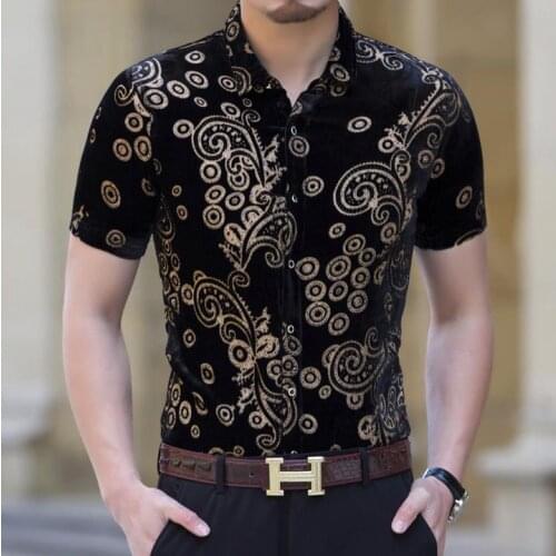 Mens Silk Black Velvet Casual Short Sleeve Sexy Flowers Club Mens Dress Shirts Slim Soft Thin Comfortable S-3XL
