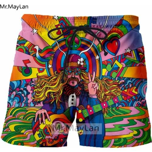 Groovy Hippie Musician Colorful Rainbow Guitar 3D Printed Men Hipster Board Shorts Mens Bermuda Casaul Beach Swimming Trousers