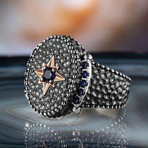 Hammered Men Ring Blue Zircon Gemstone Ring North Star Ring 925 Sterling Silver Ring Made in Turkey
