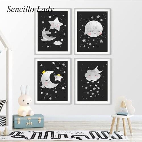 Baby Nursery Canvas Wall Art Painting Black White Moon Stars Child Poster Print Minimalist Picture Nordic Kid Bedroom Decoration