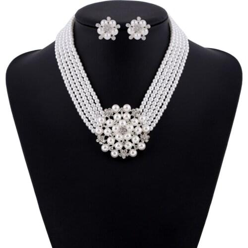 New Wedding Bride Necklace Sets Multi-layer Simulated-pearl Chain Big Flower Pendant Necklaces Women Necklace for Wedding Party