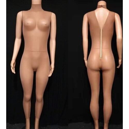 Perspective Bodycon Nude Jumpsuit Women Sexy Sleeveless Rompers Transparent Tight Bodysuit Niightclub Stage Costume