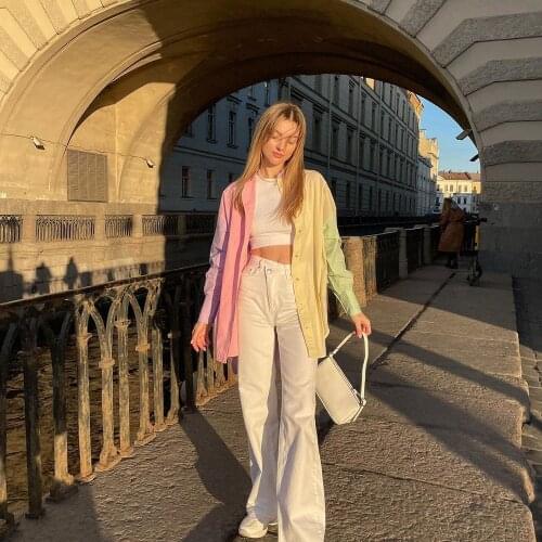 Summer Women Oversize Streetwears Poplin Patchwork Shirt Female Long Sleeve Single Breasted Shirts Ladies Fashion Blouse