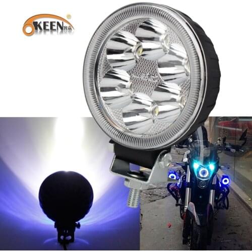 OKEEN Super Bright 6 Led 18W Angel Eyes Working Light Motorcycle Headlight 12V 6000K White Blue Spot Driving Lamp For Auto Moto