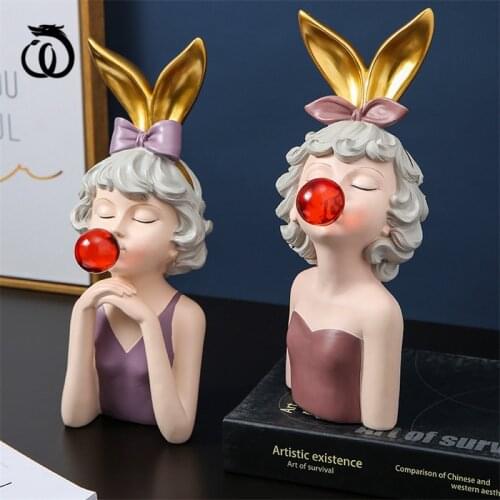 WU CHEN LONG Nordic Bubble Modern Girls Resin Statue Ornaments Rabbit Ears Art Sculpture Crafts Home Figurines Decorations R5843