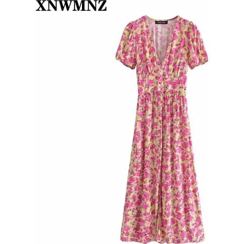 XNWMNZ ZA Women Dress floral print dress Casual Party slit dresses Elegant V-Neck short puff sleeves A-Line Girls Street Outfits