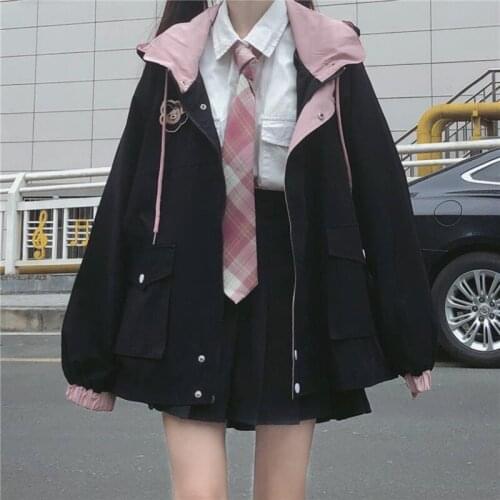Japanese Kawaii Zipper Pink Women Jacket 2021 Color Matching Winter Clothes Loose Cute Female Tops Coat Korean Student Jacket