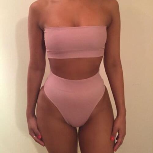 2020 Women Sexy Bikini Set Off Shoulder Wrapped Chest Solid Bandage Push Up No Pad Swimwear Swimsuit Beachwear Pluz Size