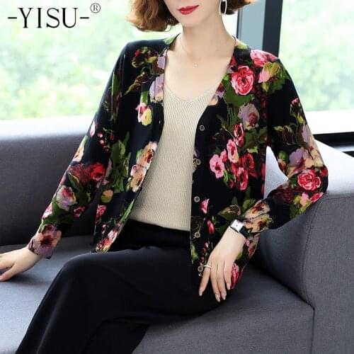 YISU 2020 Autumn Casual Knit Cardigan Women Long sleeve V-neck Knit Top Soft Sweater Fashion Flower print sweater cardigan Women