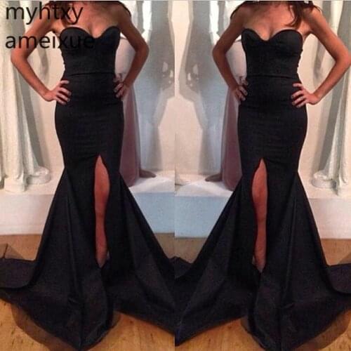 Sexy Black Plus Size Evening Gown Dress For Women Side Slit Floor Length Mermaid Satin Mermaid Party Robe De Soiree Hi Low Dress