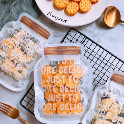 10PCS Jar Shape Zipper Bag Reusable Seal Plastic Food Saver Storage Bags Nuts DIY Baking Candy Cookies Snack Jar Bags Organizer