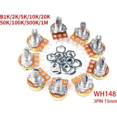 100pcs WH148 B1K B2K B5K B10K B20K B50K B100K B500K 3Pin 15mm Shaft Amplifier Dual Stereo Potentiometer 1K 2K 5K 10K 50K 100K 1M