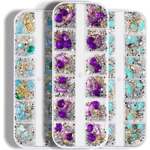 12 Grids/Box Nail Art Rhinestone Mix Round Beads/Glass/Gem/Rivet Alloy Frame DIY Nail Crystal Stones Rhinestone Decoration Tr#11
