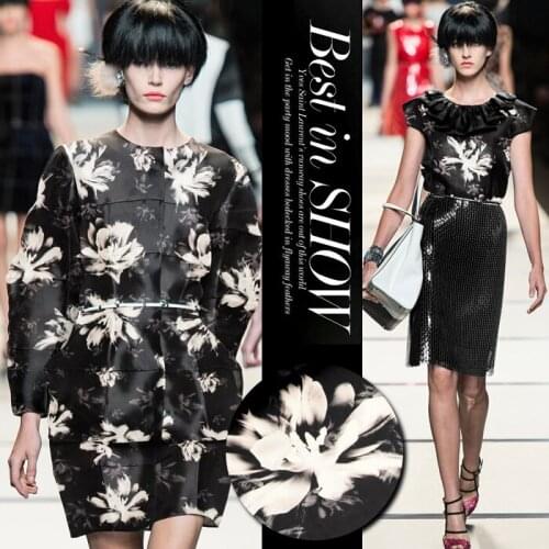 135cm wide 14mm white flower print black silk organza fabric for dress shirt clothes pants 452