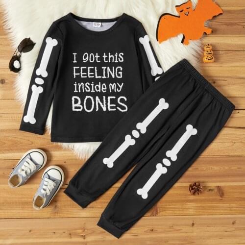 PatPat 2-piece Toddler Boy Letter Bones Print Long-sleeve Top and Elasticized Pants Casual Black Set