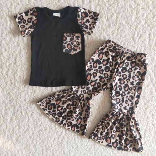 2021baby girls clothing fashion black short sleeve shirt leopard bells pants set outfit for spring outfit for baby grils