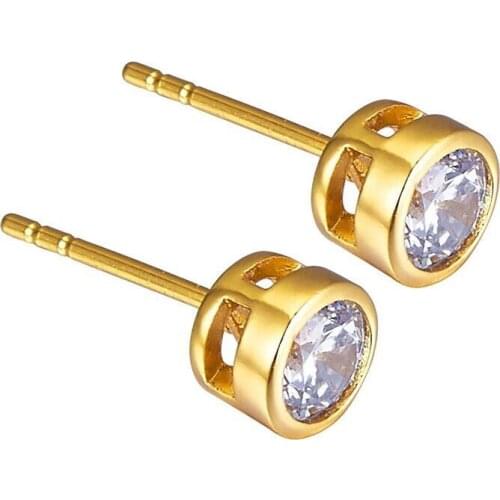 Wholesale Jewelry -- (6 pairs/lot) Single Round Zircon Stud Earrings 6 mm for Women 24K Yellow Gold Color AAA+ Cubic Zircon
