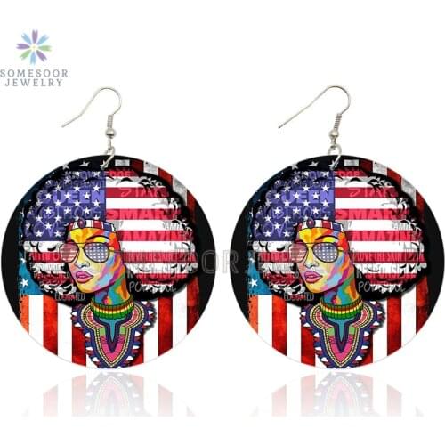 SOMESOOR American Headwrap Woman AFRO Wooden Drop Earrings Both Sides Printed Black Girl Loops Dangle Jewelry For Women Gifts