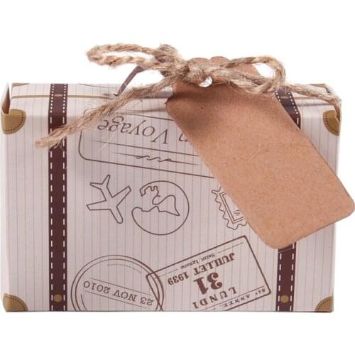BMBY-50pcs Mini Suitcase Favor Box Party Favor Candy Box, Vintage Kraft Paper with Tags and rope for Wedding/Travel Themed Party