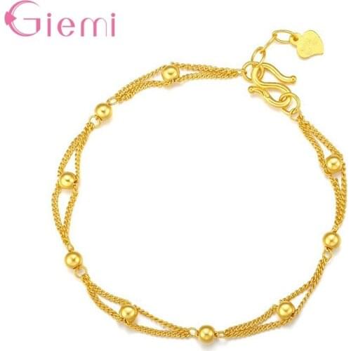 High Quality Elegant Gold Color Round Bead Bracelets 925 Sterling Silver Bracelets for Women Girl Jewelry Gift Party Supplies