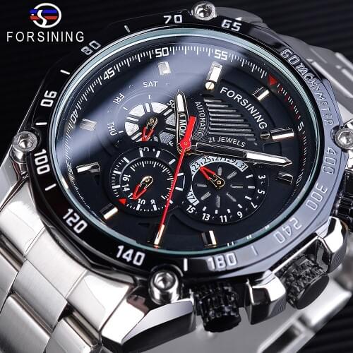 Forsining Steampunk Luminous Hands Complete Calendar Mens Automatic Watches Top Brand Luxury Silver Stainless Steel Bracelet