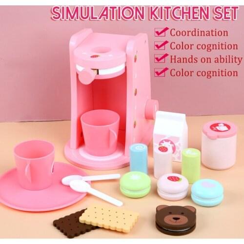 Kids Wooden Toy Preschool Simulation Play House Kitchenware Set Coffee Machine Combination Afternoon Tea Snack Birthday Gift Toy