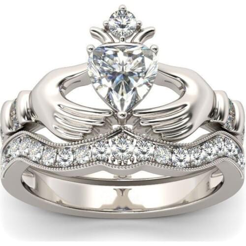 Exquisite 2 Pieces / Set Womens Rings Hand Hold Heart-shaped Natural Zircon Ring Set Engagement Bride Wedding Jewelry Gift