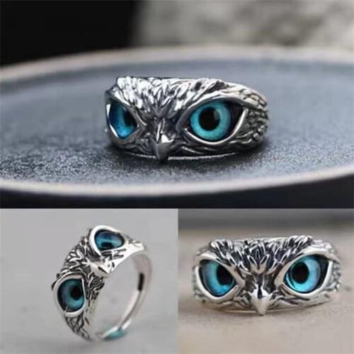 Owl Ring Retro Punk Hip-hop Animal Sculpture Blue Crystal Eye Ring For Women Jewelry Silver Plated Geometric Design Unisex Rings