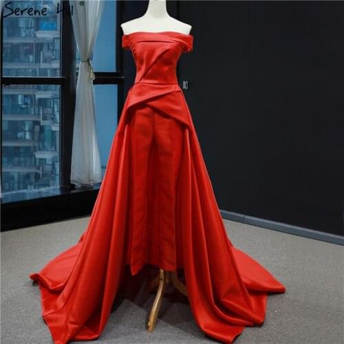 Red Boat Neck Simple Sexy Prom Dresses 2020 Latest Design Satin Off Shoulder Jumpsuit Prom Gowns Serene Hill HM66846